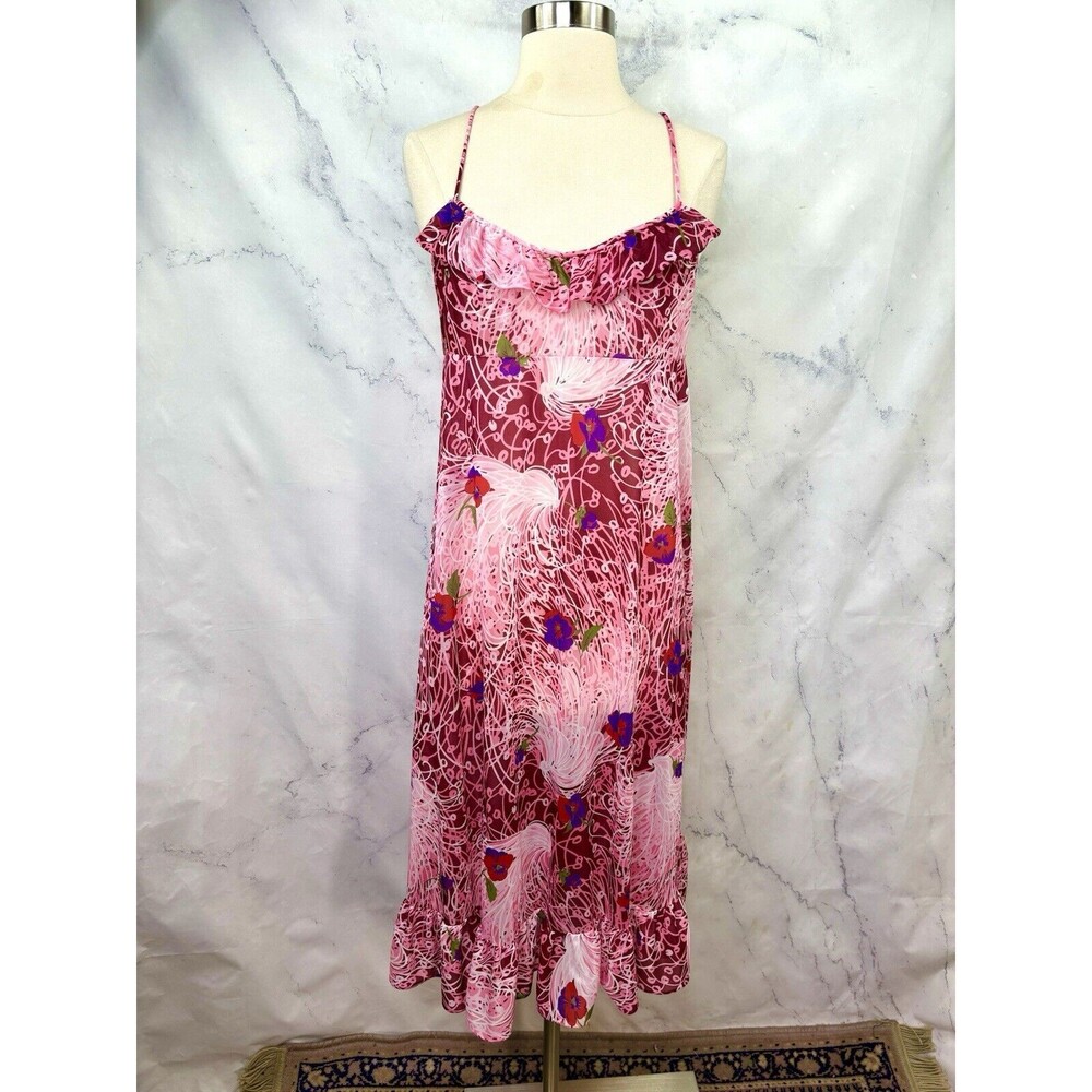 Vintage Vanity Fair Mod Slip Dress 38 L Retro Pink Floral Nylon Whimsical Ruffle - Picture 13 of 13